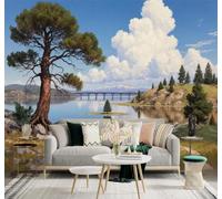 3D Papier Peint Lac Paisible Arbres Ciel Bleu Pont Paysage De Montagne | Tissu en Soie Véritable à la Texture Raffinée Adapté au Salon Chambre Bureau Salle Manger et Mur Derrière le TV-250cm×170cm