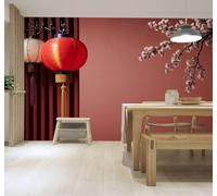 3D Papier Peint Lanterne Rouge Cerisiers Roses Treillis Rouge Tons Chauds | Texture Soyeuse Haut de Gamme Adaptée au Bureau à la Salle Manger au Coin Canapé Chambre Salon et Mur Derrière TV-250cm×170cm