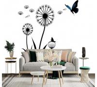 3D Papier Peint Minimaliste Pissenlit Noir Papillon Bleu Graines En Vol | Tissu en Soie Véritable à la Texture Raffinée Adapté au Salon Chambre Bureau Salle Manger et Mur Derrière le TV-300cm×210cm