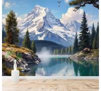 3D Papier Peint Montagnes Enneigées Lac Forêt De Pins Ciel Bleu Paysage | Texture Soyeuse Haut de Gamme Adaptée au Bureau à la Salle Manger au Coin Canapé Chambre Salon et Mur Derrière TV-200cm×140cm