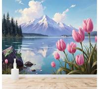 3D Papier Peint Montagnes Enneigées Lacs Tulipes Roses Pins Paysage Naturel | Soie Texturée Haut de Gamme Idéale Pour le Bureau la Salle à Manger Salon Chambre Canapé et Décoration Murale-200cm×140cm