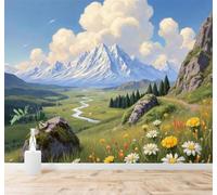 3D Papier Peint Montagnes Enneigées Rivières Vallées Prairies Fleurs Ciel | Tissu en Soie Véritable à la Texture Raffinée Adapté au Salon Chambre Bureau Salle Manger et Mur Derrière le TV-250cm×170cm