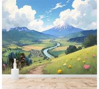 3D Papier Peint Montagnes Enneigées Vallée Rivière Prairie Verte Ciel Bleu | Tissu en Soie Véritable à la Texture Raffinée Adapté au Salon Chambre Bureau Salle Manger et Mur Derrière le TV-300cm×210cm