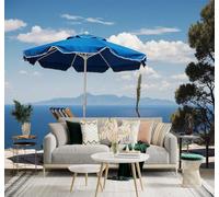 3D Papier Peint Océan Bleu Montagnes Au Loin Parasol Bleu Chaise Longue | Soie Texturée Haut de Gamme Idéale Pour le Bureau la Salle à Manger Salon Chambre Canapé et Décoration Murale-150cm×105cm