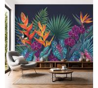 3D Papier Peint Oiseau Paradis À Queue Scorpion Papier Peint Panoramique Fleurs Tropicales Rétro XXL Tableaux Muraux Fresque Murale Soie Décoration Murale Pour Salon, Chambre, 200x140cm, Bleu-Vert