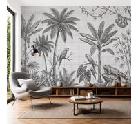 3D Papier Peint Paresseux Perroquet Palmier Papier Peint Panoramique Jungle Tropicale XXL Tableaux Muraux Fresque Murale Soie Décoration Murale Pour Salon, Chambre, Bureau, 400x280cm, Gris Clair