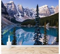 3D Papier Peint Paysage De Montagne Enneigée Lac Bleu Forêt De Pins Ciel | Soie Texturée Haut de Gamme Idéale Pour le Bureau la Salle à Manger Salon Chambre Canapé et Décoration Murale-150cm×105cm