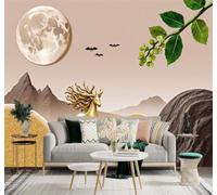 3D Papier Peint Pleine Lune Cerf Doré Montagnes Feuilles Vertes Paysage | Tissu en Soie Véritable à la Texture Raffinée Adapté au Salon Chambre Bureau Salle Manger et Mur Derrière le TV-350cm×256cm