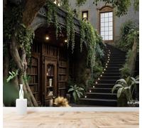3D Papier Peint Rétro Bibliothèque Étagères En Bois Marches En Pierre | Soie Texturée Haut de Gamme Idéale Pour le Bureau la Salle à Manger Salon Chambre Canapé et Décoration Murale-400cm×280cm