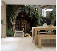 3D Papier Peint Rétro Bibliothèque Étagères En Bois Marches Pierre | Tissu en Soie Véritable à la Texture Raffinée Adapté au Salon Chambre Bureau Salle Manger et Mur Derrière le TV-350cm×256cm