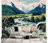 3D Papier Peint Rivière Cascade Montagne Enneigée Arbres Paysage Naturel | Soie Texturée Haut de Gamme Idéale Pour le Bureau la Salle à Manger Salon Chambre Canapé et Décoration Murale-150cm×105cm