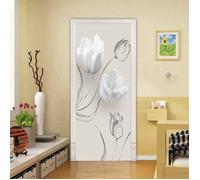3D Porte Papier Peint Muraux Belle fleur blanche 77x200cm Auto-adhésif Poster Porte PVC Sticker Porte Autocollant Trompe l'œil