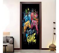 3D Porte Stickers Auto-adhésif Muraux 90x200 cm, Manette de Jeu ColoréE PVC étanche Porte Autocollants pour Salon Chambre Bain Cuisine Décoration, Noir Amovible Autocollant Affiche