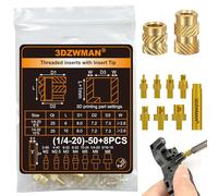 3DZWMAN 1/4-20 Inserts filetés pour les pièces d'impression 3D en plastique | 50 pièces d’écrous moletés en laiton UNC avec 7 pannes à souder et adaptateur (25x 1/4-20x6x8 et 25x 1/4-20x10x8)