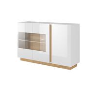 3E 3xE living.com Commode 3 Portes, Blanc + Blanc Brillant + Chêne Grandson, 138,2 x 90,5 x 40 cm