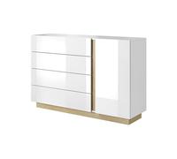 3E 3xE living.com Commode à 4 tiroirs et 1 Porte, Blanc + Blanc Brillant + chêne Grandson, 138,2 x 90,5 x 40 cm