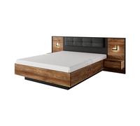 3E 3xE living.com Lit 160x200 avec Tables de Chevet, Châtaignier + Anthracite, 264,2 x 102 x 210 cm