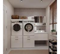 3E 3xE living.com Meuble de Salle de Bain pour Lave-Linge ou sèche-Linge avec 2 tiroirs, Blanc, 64 x 64 x 162 cm