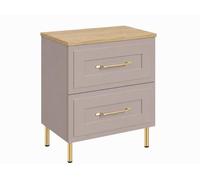 3E 3xE living.com Meuble de Salle de Bain sous Vasque avec Plan, 2 Tiroirs à Fermeture Douce, Façade Cannelée MDF 19 mm, Cachemire + Plan Chêne Clair, Poignées Dorées, Pieds Dorés, 60 x 46 x 73,6 cm