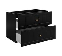 3E 3xE living.com Meuble de Salle de Bain sous Vasque avec Plan, 2 Tiroirs à Fermeture Douce, Façade Cannelée MDF 19 mm, Noir + Plan Chêne Noyer, Poignées Dorées, Pieds Dorés, 80 x 46 x 73,6 cm