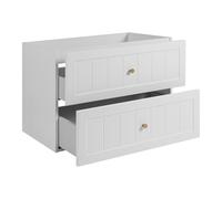 3E 3xE living.com Meuble de Salle de Bain sous Vasque avec Plan, 2 Tiroirs à Fermeture Douce, Façade Cannelée MDF 19 mm, Blanc + Plan Chêne Noyer, Poignées Dorées, Pieds Dorés, 60 x 46 x 73,6 cm