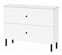 3E 3xE living.com Meuble de Salle de Bain sous Vasque avec Plan, 2 Tiroirs à Fermeture Douce, Façade Cannelée MDF 19 mm, Blanc + Plan Marbre Bianco, Poignées Noires, Pieds Noirs, 80 x 46 x 73,6 cm