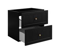 3E 3xE living.com Meuble de Salle de Bain sous Vasque avec Plan, 2 Tiroirs à Fermeture Douce, Façade Cannelée MDF 19 mm, Noir + Plan Chêne Noyer, Poignées Dorées, Pieds Dorés, 60 x 46 x 73,6 cm