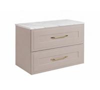 3E 3xE living.com Meuble de Salle de Bain Suspendu 80 cm à tiroirs, Coloris Cachemire + Plan de Travail marbre Bianco, poignées Coloris Or, 80 x 46 x 58,6 cm