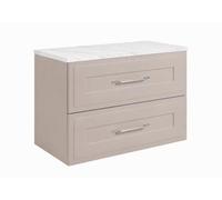3E 3xE living.com Meuble de Salle de Bain Suspendu 80 cm à tiroirs, Coloris Cachemire + Plan de Travail marbre Bianco, poignées Coloris Argent, 80 x 46 x 58,6 cm