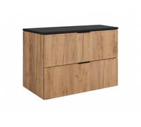3E 3xE living.com Meuble de Salle de Bain Suspendu 80 cm à tiroirs, Coloris chêne Craft + Plan de Travail Noir, avec poignées, 80 x 46 x 58,6 cm