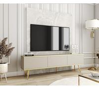 Meuble TV Avec Lamelles Beige, pieds Or, 175 x 32 x 53 cm, Push to Open