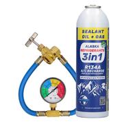 3en1 Alaska Refrigerants Réfrigérant de remplacement R134a, huile PAG 100, colmatant de fuites + tuyau et manomètre