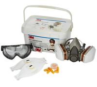 3M Safety Box 1000MCWE Contenu : 1 demi-masque 6200M, 2 filtres à gaz 6055 A2, 2 filtres à particules 5935 P3R, 2 x 501, 2 masques à particules 9322+, 8 bouchons d'oreille 1100, 1 paire de lunettes in