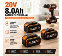 3PCS Batterie 20V 8.0Ah Li-ion Compatible WORX PowerShare Recharge Rapide Longue Durée de Vie