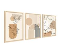 3Pcs Cadre en bois Impression sur Toile Boho Minimaliste Kaki Beige Tableau Peinture Ligne Géométrique Abstraite Feuille Tableau Decoration Murale Salon Chambre 30x40cm x3pcs (Pas de plexiglas)