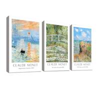 3Pcs Cadre en Bois Impression sur Toile Claude Monet L'étang aux Nénuphars Tableau Affiche Decoration Murale Lever de Soleil Impressionniste Vintage Tableau Decoration Murale Salon Chambre 40x60cmx3