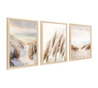 3Pcs Cadre en bois Impression sur Toile Nature Plage Paysage Marin de la Baltique Tableau Peinture Herbe de la Pampa Roseau Tableau Decoration Murale Salon Chambre 40x60cm x3pcs (Pas de plexiglas)
