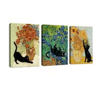 3Pcs Chat Noir Jouant Avec des Tournesols Tableau Decoration Murale, Vintage Van Gogh Coquelicots Tableau Peinture Sur Toile Animaux Drôles Impression Sur Toile Décoration pour Salon Chambre 30X40cmX3