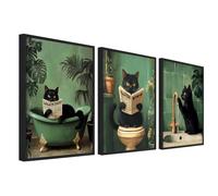 3Pcs Drôle de Chat Noir Tableau Encadré Poster Chaton Chat lisant le Journal sur les Toilettes Affiche Peinture Impression sur Toile Tableau Decoration Murale Salle de Bain Baignoire WC 30x40cm x3pcs