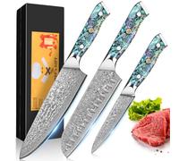 3PCS Ensembles de Couteaux Cuisine, Set Couteau Cuisine Damas, 67 Couche Acier Couteaux Japonais - Couteau de Chef 20CM, Couteau Santoku 17,5CM , 12,6CM Couteau Universel avec Résine Poignée