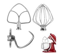 3PCS Fouet à mousse et batteur plat flexible et crochet pétrisseur pour 4,5 à 5 quart Artisan & Classic Series (Acier inoxydable)