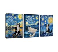 3Pcs Van Gogh La Nuit Etoilée et Les Chats Tableau Decoration Murale Avec Cadre, Drôle Au Bord la Rivière Chats Impression Sur Toile Vintage Animaux Tableau Peinture Décor pour Chambre Salon 30x40cmX3