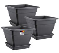 BURI Lot de 3 grands pots de fleurs XL - Réservoir d'eau - 48 x 48 cm - Pot de fleurs et soucoupe - Plastique - Fabriqué en Allemagne - Anthracite
