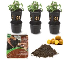 3x Pot de pommes de terre 12 L, pot de fleurs, pot de plantes pour la culture de légumes + Terreau universel 30 L Substrat 4 en 1 avec micro-organismes pour légumes