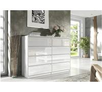3xE Living Commode 8 tiroirs 140 cm, blanc/blanc brillant, dimensions 140 x 39 x 101 cm