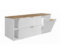 3xE Living Ensemble de Meubles de Salle de Bain avec Panier à Linge, Blanc/Plan Chêne Clair/Poignées Dorées, 140 x 57 x 46 cm
