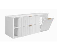 3xE Living Ensemble de Meubles de Salle de Bain avec Panier à Linge, Blanc/Plan Marbre Bianco/Poignées Dorées, 140 x 57 x 46 cm