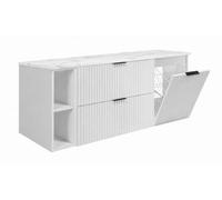 3xE Living Ensemble de Meubles de Salle de Bain avec Panier à Linge, Blanc/Plan Marbre Bianco/Poignées Noires, 140 x 57 x 46 cm