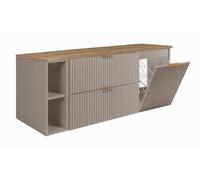 3xE Living Ensemble de Meubles de Salle de Bain avec Panier à Linge, Cachemire/Plan Chêne Clair/Poignées Dorées, 140 x 57 x 46 cm