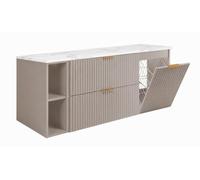 3xE Living Ensemble de Meubles de Salle de Bain avec Panier à Linge, Cachemire/Plan Marbre Bianco/Poignées Dorées, 140 x 57 x 46 cm